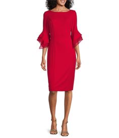 From Adrianna Papell, this dress features:Knit crepe organza fabricationSheath silhouette Boat neckline3/4 bell sleeves Fully lined Invisible back center zipper closure Approx. 43" lengthPolyester/elastaneDry cleanImported. Elegant Sheath Dress With Sheer Sleeves, Elegant Spring Crepe Dresses, Elegant Dress With Sheer Sleeves And Stretch, Elegant Knee-length Crepe Dress, Spring Sheath Dress In Crepe, Sheer Sleeve Sheath Midi Dress, Crepe Sheath Dress For Work, Sheath Crepe Dress For Work, Elegant Sheath Crepe Dress