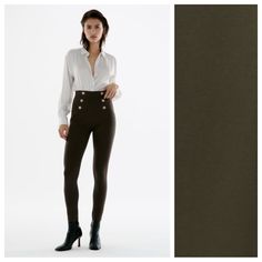 Nwt. Zara Khaki Elastic High Waisted Leggings With Golden Buttons And Marked Seams, Elastic Waistband. Size S. Ref. 4387/035. Waist 13" Flat, Rise 11,5", Inseam 28". 1062 Fitted High Waist Khaki Pants, Khaki Slim Fit High Waist Pants, High Rise Stretch Khaki Pants, Khaki High Rise Stretch Pants, Fitted Khaki High-waisted Pants, Fitted High-waisted Khaki Pants, Elegant Tight Winter Pants, High-waist High-stretch Leggings For Work, Stretch Khaki Bottoms For Fall