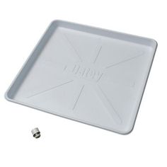 a white plastic tray with screws on the side and an object next to it