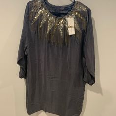 Nwt Grey French Connection Fringe Blouse. Could Be Worn As A Dress! Fall Party Tops In Viscose, Elegant Tunic Blouse For Party, Elegant Party Tunic Blouse, Chic Silk Top With Sequins, Chic Silk Sequin Top, Summer Party Viscose Blouse, Embellished Summer Blouse For Work, Summer Tunic Blouse For Party, Summer Party Tunic Blouse