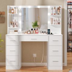 a white vanity with lights on it in front of a mirror and shelves filled with cosmetics