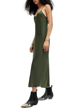 Channel retro-chic style with this silky slipdress in a bold, vibrant hue. 45 1/2" length (size 8) Slips on over head V-neck Adjustable straps Unlined 100% polyester Hand wash, dry flat Made in Turkey Brown Slip Dress, Retro Chic, All Saints, Forest Green, Chic Style, Adjustable Straps, Slip Dress, Hand Wash, Nordstrom