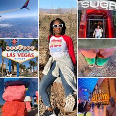 a collage of photos with the las vegas sign in the background