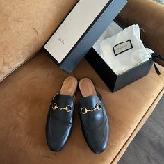 Gucci - Black Princetown Mules Comes With Box And Dust Bags Used, Signs Of Use Shown In Photos Size 38 Original Price $860 Gucci Princetown, Shoes Gucci, Gucci Mules, Gucci Black, Gucci Shoes, Mule Clogs, Mules Shoes, Clogs, Dust Bag