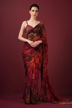 Maroon saree with floral print. Paired with a printed bralette blouse in raw silk base with zari embroidery details. - Aza Fashions Floral Saree Chiffon, Floral Print Saree, Saree Chiffon, Maroon Saree, Floral Print Sarees, Saree Floral, Floral Saree, Zari Embroidery, Print Saree