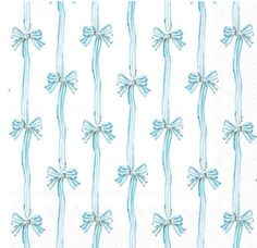 blue bows and ribbons on white paper are featured in this pattern, which is very decorative