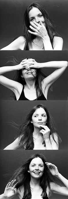 four different images of a woman covering her face