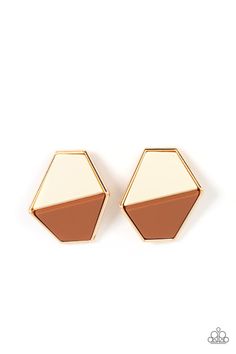 Featuring a matte finish, white and brown trapezoidal frames are encased in a glistening gold frame that gently folds backwards for added dimension. Earring attaches to a standard post fitting. Sold as one pair of post earrings. Hostess Rewards, Happy Jewelry, Brown Earrings, Paparazzi Accessories, Paparazzi Jewelry, Geometric Earrings, Romantic Style, Pendant Earrings, Jewelry Party