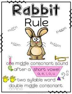 the rabbit is sitting in front of a poster with words on it that read rabbit rules