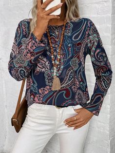 Multicolor Boho Collar Long Sleeve Woven Fabric Paisley,Tribal Top Embellished Non-Stretch  Women Clothing Blue White Top, Lace Hair, Pajama Set Women, Vacation Shirts, Kids Sleepwear, Hair Accessories For Women, Pajamas Women, Paisley Print, All Fashion