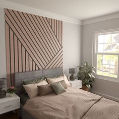 a bedroom with a bed, nightstands and large painting on the wall behind it