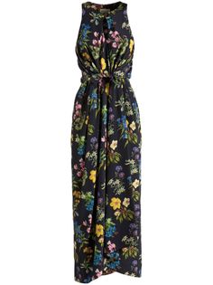 black/multicolour silk satin weave all-over floral print round neck cut-out detailing front button fastening knot detailing sleeveless straight hem Bohemian Wedding Guest, Edgy Glam, Tank Dresses, Wedding Guest Looks, Midi Dress Black, City Dress, Cocktail Parties, Silk Midi Dress, Black Midi Dress