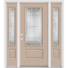 the front door is beige and has glass panels on each side, along with two doors