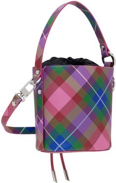 Saffiano faux-leather top handle bag in tones of pink, purple, blue, and green. · Check pattern throughout · Fixed carry handle · Adjustable and detachable crossbody strap · Logo hardware at face · Cord-lock drawstring closure · Exposed cotton twill lining · Logo-engraved silver-tone hardware · H6 x W5.5 x D4.25 Supplier color: Candy tartan Multicolor Top Handle Bucket Bag, Multicolor Top Handle Bucket Bag With Detachable Handle, Chic Multicolor Top Handle Bucket Bag, Vivienne Westwood Bags, Color Candy, Faux Leather Top, Bucket Handbags, The Vivienne, Drawstring Bucket Bag