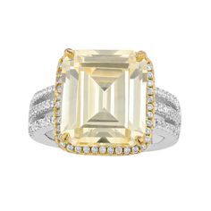 You'll sparkle with this 14k gold over sterling silver yellow cubic zirconia asscher cut triple pave ring. You'll sparkle with this 14k gold over sterling silver yellow cubic zirconia asscher cut triple pave ring. Width: 6 mm Metal: sterling silver Plating: 14k gold Finish: polished Packaging: boxedSTONE DETAILS Stone type: cubic zirconia Total weight: 5 4/9 ct. Shape: asscher cut Setting: prong Gemstones may have been treated to enhance their appearance. Special care may be required. Please vis Yellow Emerald Cut Rings With Diamond Accents, Yellow Emerald Cut Ring With Diamond Accents, Yellow Emerald-cut Ring With Diamond Accents, Yellow Emerald Cut Diamond Ring With Halo Setting, Formal Yellow Diamond Ring With Pave Setting, Fine Jewelry Octagon Diamond Cubic Zirconia Ring, Emerald Cut Cubic Zirconia Ring With Pave Setting, Gold Diamond Ring With Pave Setting And Emerald Cut, Gold Emerald-cut Diamond Ring With Pave Setting