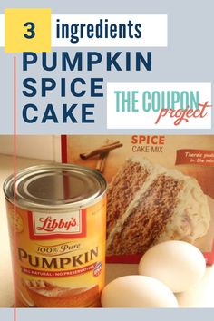 three ingredients for pumpkin spice cake in a can