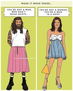 two women wearing skirts and one man with long hair, both have different types of clothes