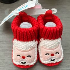 Knit Slippers For Newborns. Slip-On Design. Soft, Comfy Sweater-Knit. Newborn Size Winter White Booties For Playtime, White Winter Booties For Playtime, Cute White Winter Booties, White Crochet Casual Booties, Casual White Crochet Booties, Knit Slippers, Comfy Sweater, Santa Face, Knitted Slippers