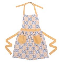 a child's apron with yellow straps on the front and blue flowers on the back