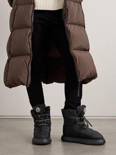 Moncler's ankle boots are cut from the same quilted shell as the brand's signature coats. They're lined in fleece for warmth and set on gripped rubber soles. Their appliquéd logo patch makes them instantly recognizable. Moncler Boots, Matching Separates, Moncler Women, Raffia Bag, Jeans Jumpsuit, Ski Wear, Clothes Collection, Black Ankle Boots, Jeans Dress