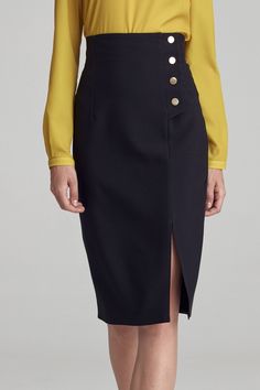 A simple knee-length pencil skirt is a perfect element of soft office style. Paired with a white shirt and a jacket it will create a classic office look, while paired with a patterned blouse it will break the canon. Pleasant to the touch viscose-blend fabric ensures high comfort of wearing, while gold buttons perfectly indicate what accessories go with the skirt. Spandex 2.1 % Polyester 74.8 % Viscose 23.1 % Size Lenght Hips width Waist width 36 71 cm 96 cm 72 cm 38 71 cm 100 cm 76 cm 40 72 cm 1 Womens Activewear Tops, Maternity Sleepwear, Plus Size Pullover, Skirt Model, Classic Office, Patterned Blouse, Buy Skirts, Knee Length Skirt Pencil, Stylish Skirts