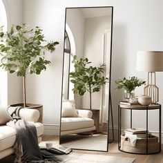 a living room with a couch, mirror and potted plant in the corner next to it