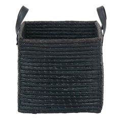 a black wicker basket with two handles