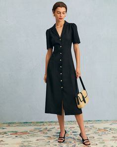 Puff Sleeve Design, Puff Sleeve Midi Dress, Tailored Clothes, Short Sleeve Midi Dress, Black Dress With Sleeves, V Neck Midi Dress, Work Dresses, Midi Short Sleeve Dress, Midi Dress With Sleeves