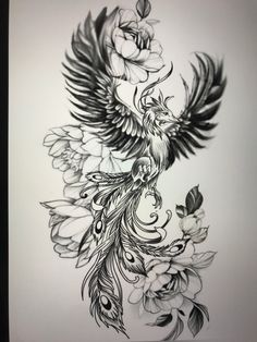 a black and white drawing of a bird with flowers on it's back side