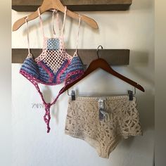 Zara Women’s Two Piece Lot Bikini, Coverup Crotchet Knit Style Both Size Small The Bottoms Can Be Worn As A Coverup , With Another Bottom Underneath. They Are Tan, Neutral Tone With Floral Accents. The Top Is Also Crotchet Halter, String Ties Are Top And Back For Adjustment. This Is A Colorful Tan, Blue And Pink Tone. Tags: Boho, Bohemian, Beachy, Western, Rodeo, Festival, Coachella , Concert , Indie, Desert, Hipster , Coastal Cowgirl, Embroidered ,Tassels , Fringe , , Beachy, Nautical Coastal, Bohemian Beige Swimwear For Beach Season, Handmade White Swimwear For Summer, Bohemian Beige Swimwear For Beach Party, Bohemian Beige Swimwear For Poolside, Summer Beach Party Swimwear With Crochet Trim, Beige Swimwear For Beach Festival, Spring Crochet Top For Poolside, Bohemian Crochet Top For Poolside, Beach Crochet Lace Top Beachwear