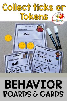 four behavior cards with the words, collect tricks or tokens to help students understand their feelings