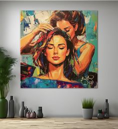 two women with their hair in the wind painting print on canvas