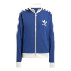 (WMNS) adidas originals Premium Crepe Track Top 'Dark Blue' IR6123 Adidas Blue Track Jacket With Three Stripes, Sporty Navy Cotton Sneakers, Navy Adidas Track Jacket For Sports, Adidas Navy Track Jacket For Sports, Navy Adidas Track Jacket For Streetwear, Adidas Navy Track Jacket For Streetwear, Adidas Blue Track Jacket For Streetwear, Casual Adidas Track Jacket For Sports Season, Blue Athleisure Sneakers With Adidas Branding