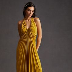 Plisse Dress Short, Hydra Wedding, Spy Aesthetic, Yellow Halter Dress, Dress Wishlist, Summer Halter Dress, Yellow Bridesmaid, Pleated Halter Dress, Pleated Satin Dress