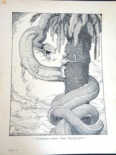 a drawing of a snake biting a tree