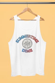 Embrace summer in style with our 'Summer Time Dime' tank top! Perfect for sunny days. #summertimeshirt #summertanktop #womenstanktop #laketank This must-have unisex jersey tank top fits like a well-loved favorite. High quality print makes it an ultimate statement shirt for years to come. This item has side seams to provide structural support. All bindings are the same fabric as the rest of the tank. Depending on the color, cotton, polyester, or rayon can appear.  .: 100% Airlume combed and ring- America Tank Top, Womens Tank Tops, Summer Tank Top, Jersey Tank Top, Summer Tank, Statement Shirt, Summer Tank Tops, July 4th, Womens Tank