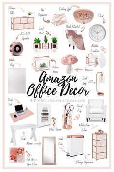 the cover of an amazon office decor book, with pink and white accessories on it