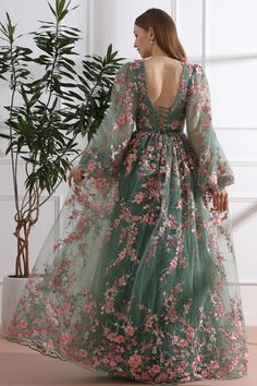 MissJophiel Long Sleeves O Neck Pink Floral Embroidery Sage Tulle Dress Sage Green And Pink Outfit, Patterned Bridesmaid, Sage Tea, Full Tulle Skirt, Prom Party, Tea Length, Summer Accessories, Pitcairn Islands, Guinea Bissau