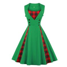 a green dress with red and black plaid details