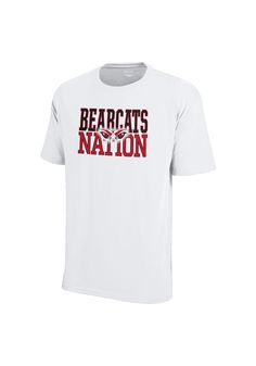 Show off your team pride in this Cincinnati Bearcats White Nation Short Sleeve T Shirt! This Cincinnati Short Sleeve Tee features a screen printed wordmark "Bearcats Nation" with Bearcat Eyes. Make sure everyone knows you root for the Bearcats with this White Cincinnati T Shirt. Go Bearcats!! Screen printed graphic on chest, Tag-free heat transfer neck label, Double-needle stitched hemmed sleeves and bottom, Athletic Fit, Set-in neck rib, Shoulder-to-shoulder taping, C logo on left sleeve, Presh Cotton Short Sleeve T-shirt With Mascot, Fan Apparel T-shirt With Mascot, Sports Season Mascot T-shirt For Fans, Mascot T-shirt For Fans, Short Sleeve, Mascot T-shirt For Sports Season Fan Merchandise, Cotton Crew Neck T-shirt With Mascot, White Mascot T-shirt For Game Day, Team-colored Short Sleeve T-shirt With Mascot, White Mascot T-shirt For Fans