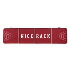 the nice rack logo is shown on a red board with white letters and circles around it