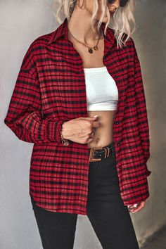 Women's Check Shirt Loose Puff Sleeve Plaid Shirt Blouse Checked Shirt Women, Plaid Print Shirt, Asymmetrical Blouse, Long Sleeve Plaid Shirt, Plaid Tops, Check Shirt, Red Blouses, Chest Pad, Blouse Styles