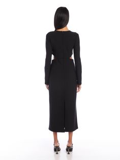 Add an element of intrigue and edginess with this dramatic silhouette. Combine the allure of an open front with a daring cutout back, creating a statement look that's perfect for a cocktail party, a memorable date night, or an upscale event. Double Face Crepe: 92% Polyester 8% Elastane Imported Dry Clean Only Length: 49 1/4 inches (size S) Long sleeve Crew Neck Back zipper closure Style number: 4F10502 Black Maxi Dress With Cut-out Waist For Evening, Elegant Fitted Midi Dress With Cut-out Waist, Chic Bodycon Dress With Cut-out Waist For Date Night, Elegant Backless Midi Dress With Cutout Back, Elegant Long Sleeve Backless Dress For Date Night, Elegant Backless Dress With Back Zipper For Party, Elegant Party Backless Dress With Back Zipper, Elegant Backless Party Dress With Back Zipper, Chic Midi Backless Dress With Cutout Back