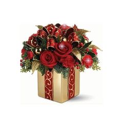 a golden gift box with red roses and greenery