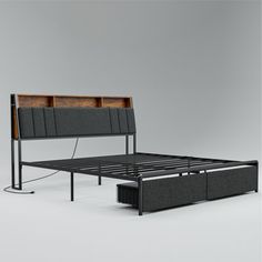 the bed frame is made up and has two drawers on each side, while the headboard