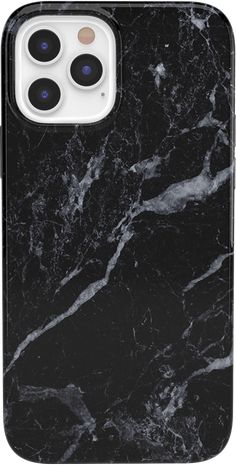 an iphone case with black marble on the front and back sides, showing two different buttons