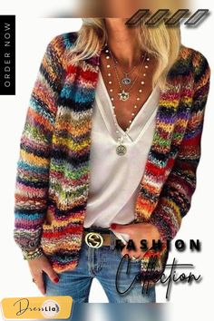 Slouchy Rainbow Stripe Cotton Knit Cardigan Sweater Tops Casual Chique Stijl, Bekväma Outfits, Rainbow Cardigan, Loose Coats, Mohair Cardigan, Casual Stripes, Knitting Women Sweater, Striped Cardigan, Color Stripes