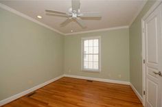 empty room with hard wood floors and ceiling fan in the corner, light green walls