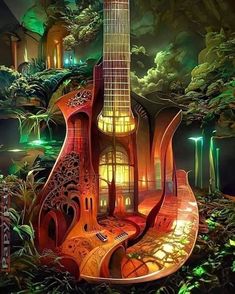 a guitar shaped like a house in the woods