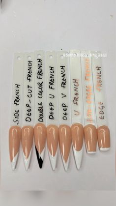 Different Shaped French Tips, Type Of Nails Acrylic, Different Shape French Tip Nails, Styles Of French Tips, Type Of French Nails, Type Of Nail Designs, Types Of Nail Art Designs, French Tip On Different Nail Shapes, Type Of French Tip Nails